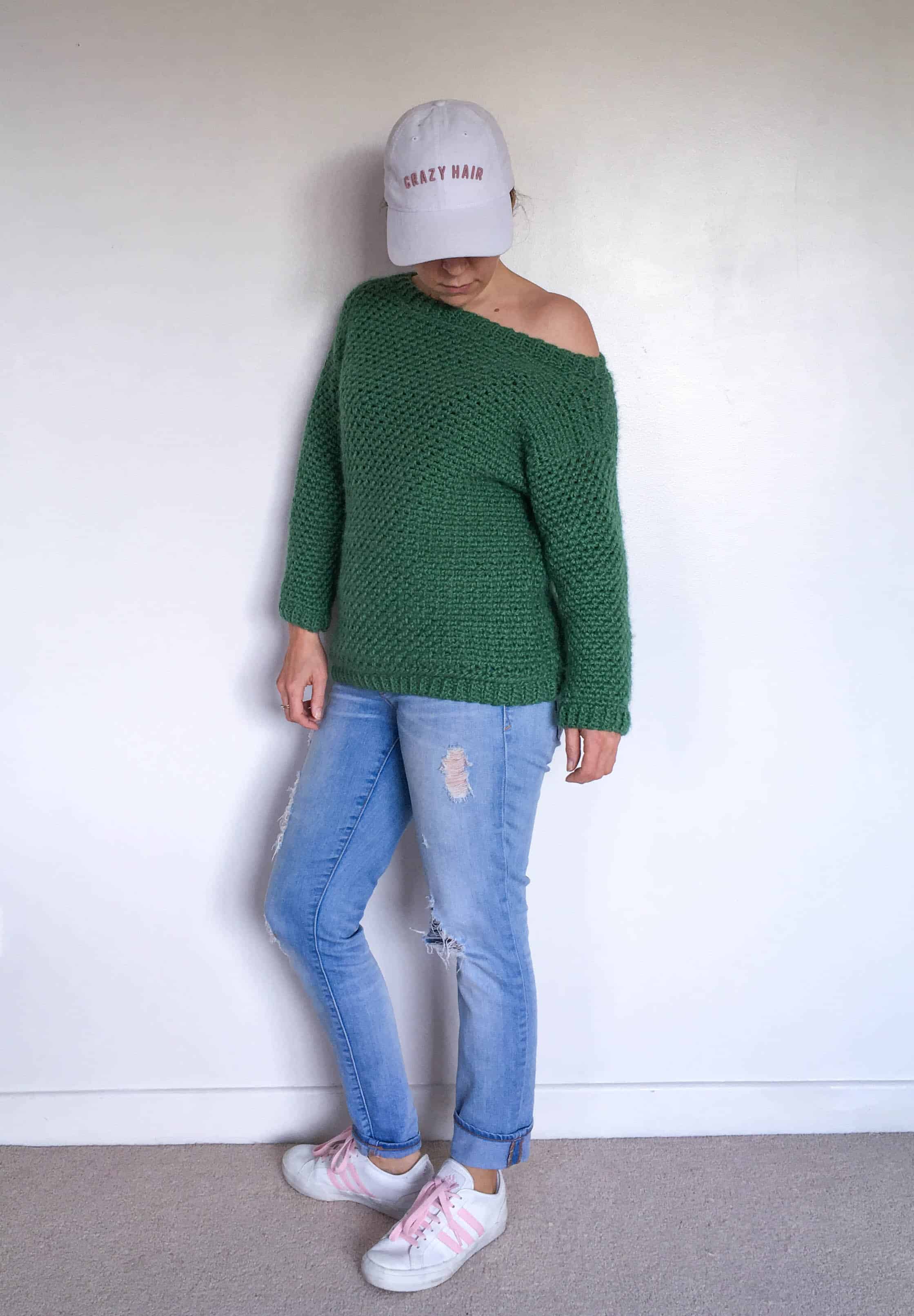 Girl in Jeans, Green Crochet Sweater Messy Hair Don’t Care Cap