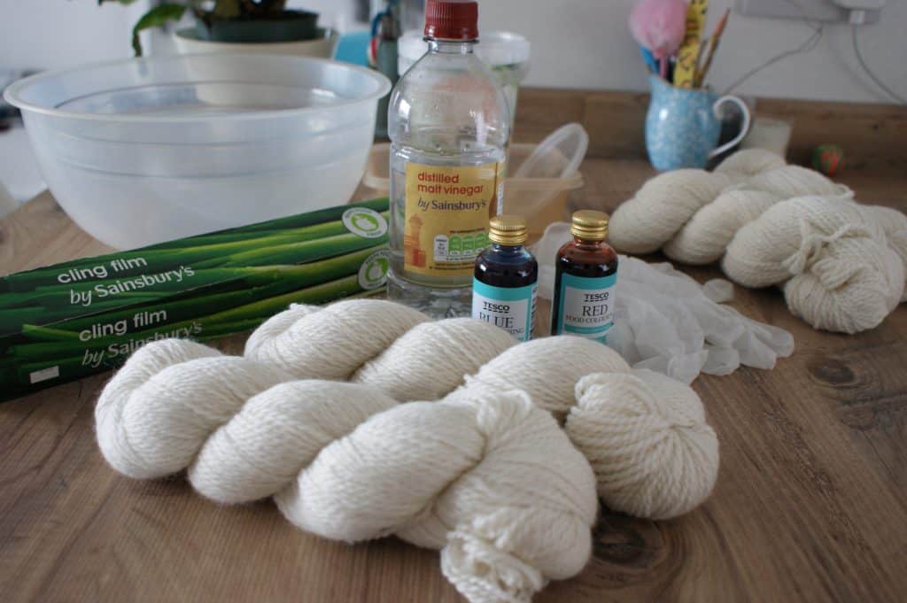 materials needed for yarn dyeing yarn vinegar colouring gloves and cling film