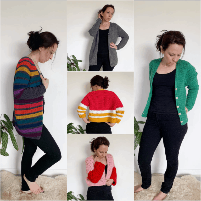 5 separate images of the same woman wearing different versions of the any yarn will do crochet cardigan.