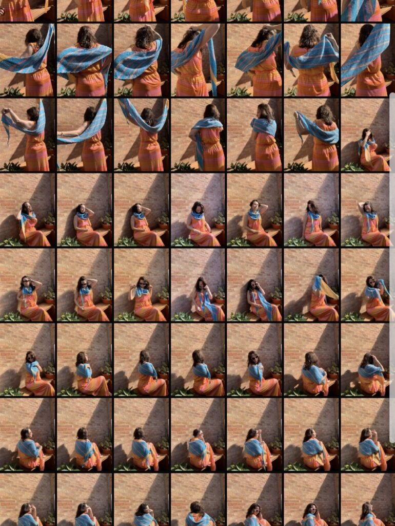 Multiple images from a camera reel of photos of a turqoise and pink crochet shawl.