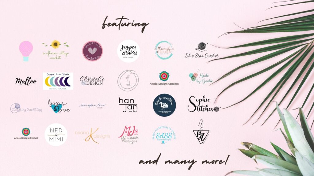 A series of crochet designer’s logos on a pink background