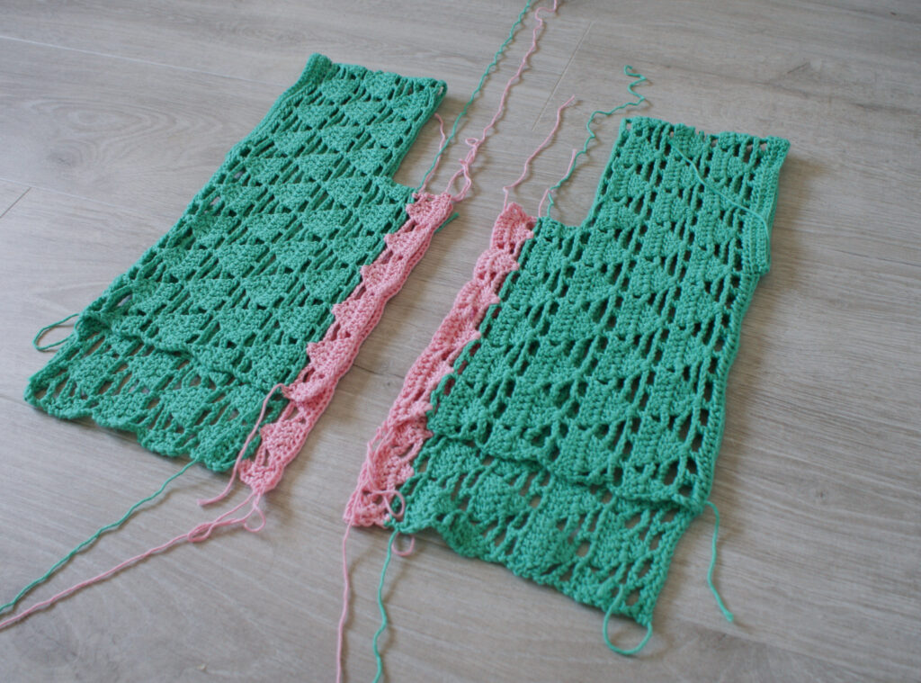 Two sides of the summer solstice crochet top ready to be joined.