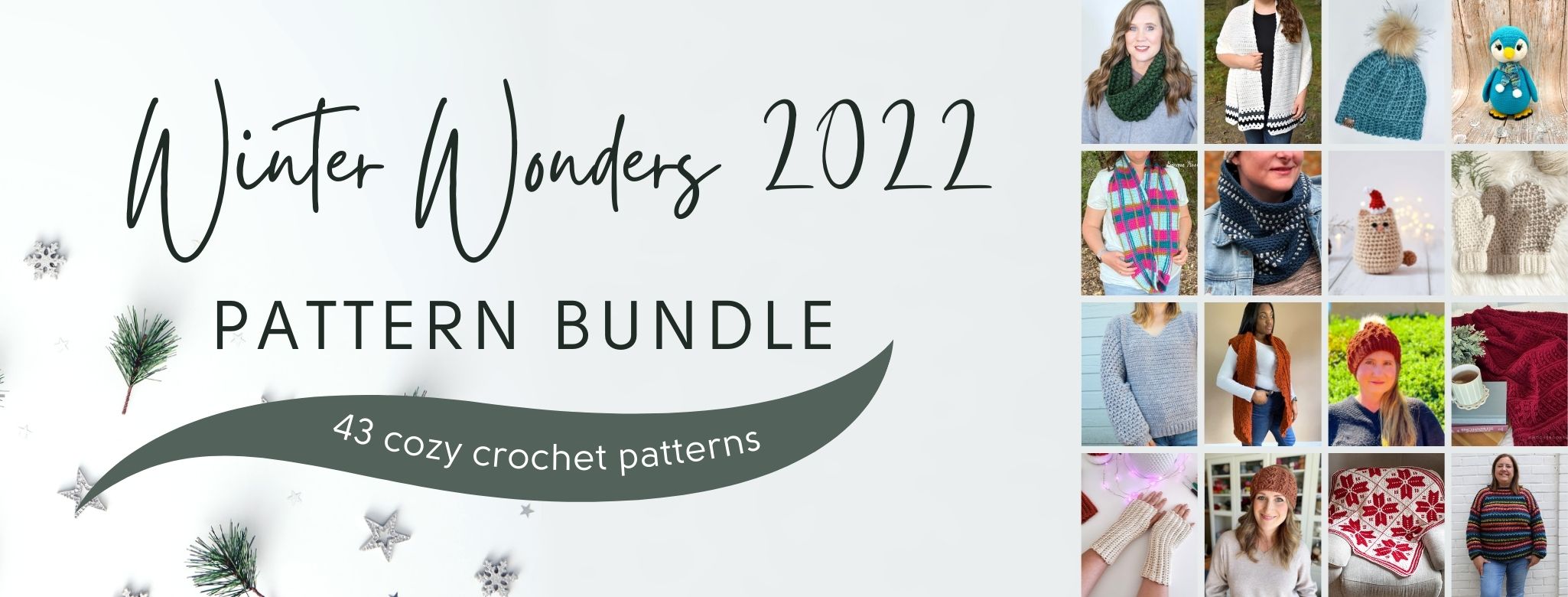 Winter wonder crochet pattern bundle graphic with montage of crochet patterns.