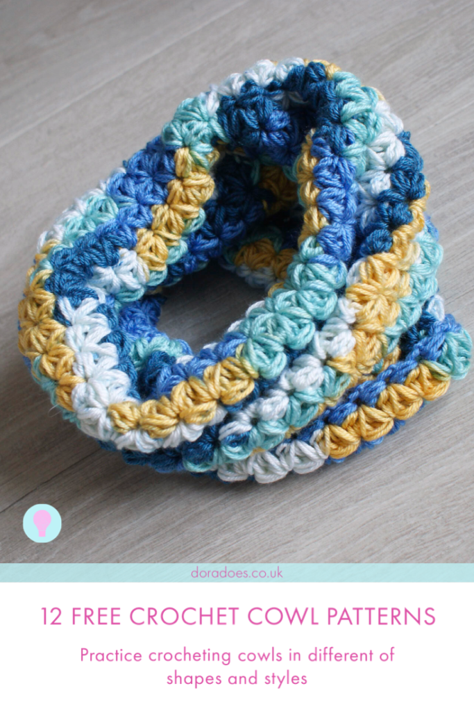 A Jasmine stitch crochet cowl shown above pink text reading ‘12 free crochet cowl patterns’