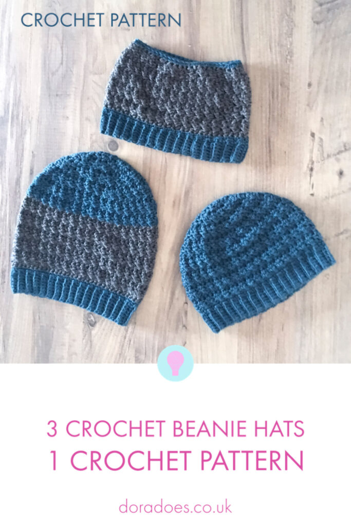 Three crochet hats using the same stitch pattern and yarn but in different hat styles are laid flat on a wooden surface. A text caption below reads ‘3 crochet beanie hats, 1 crochet pattern.’