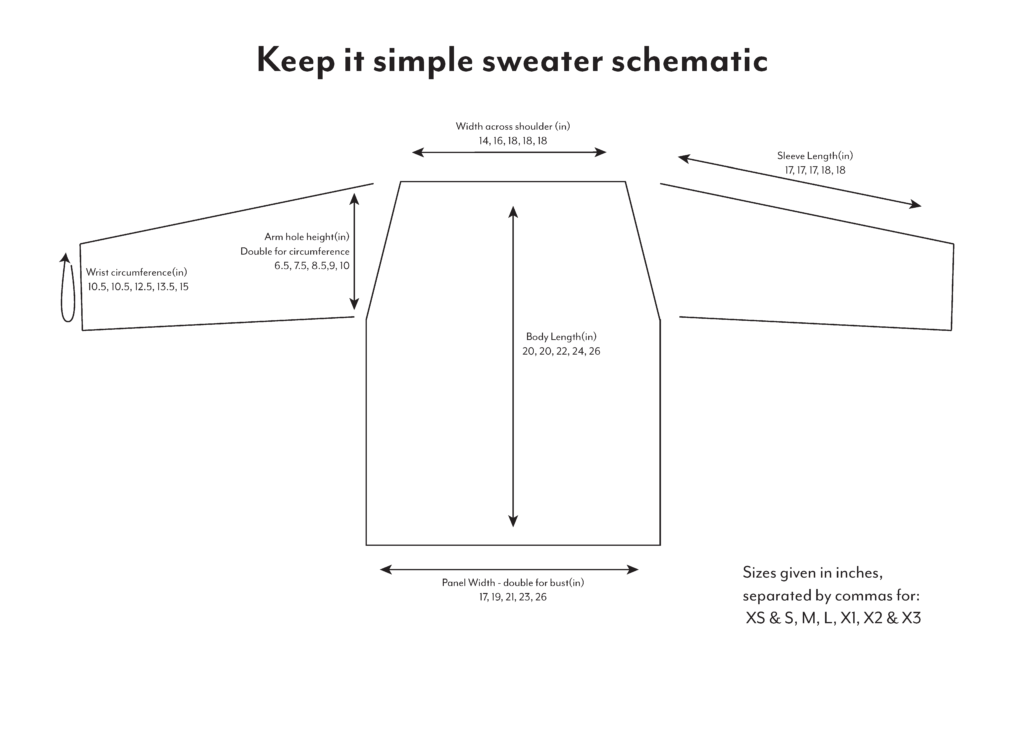 A diagram showing the dimensions of the ‘keep it simple’ crochet sweater pattern.