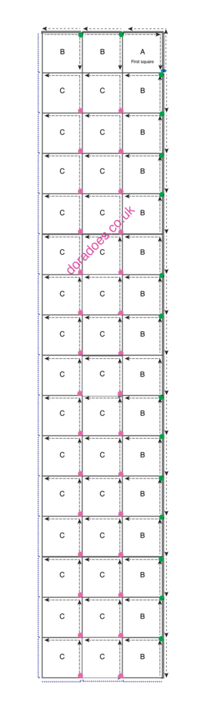 A schematic showing how to crochet the mitred minis scarf.