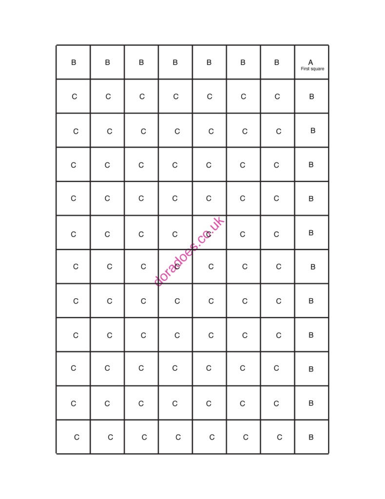 A schematic showing how to crochet the mitred minis lap blanket.