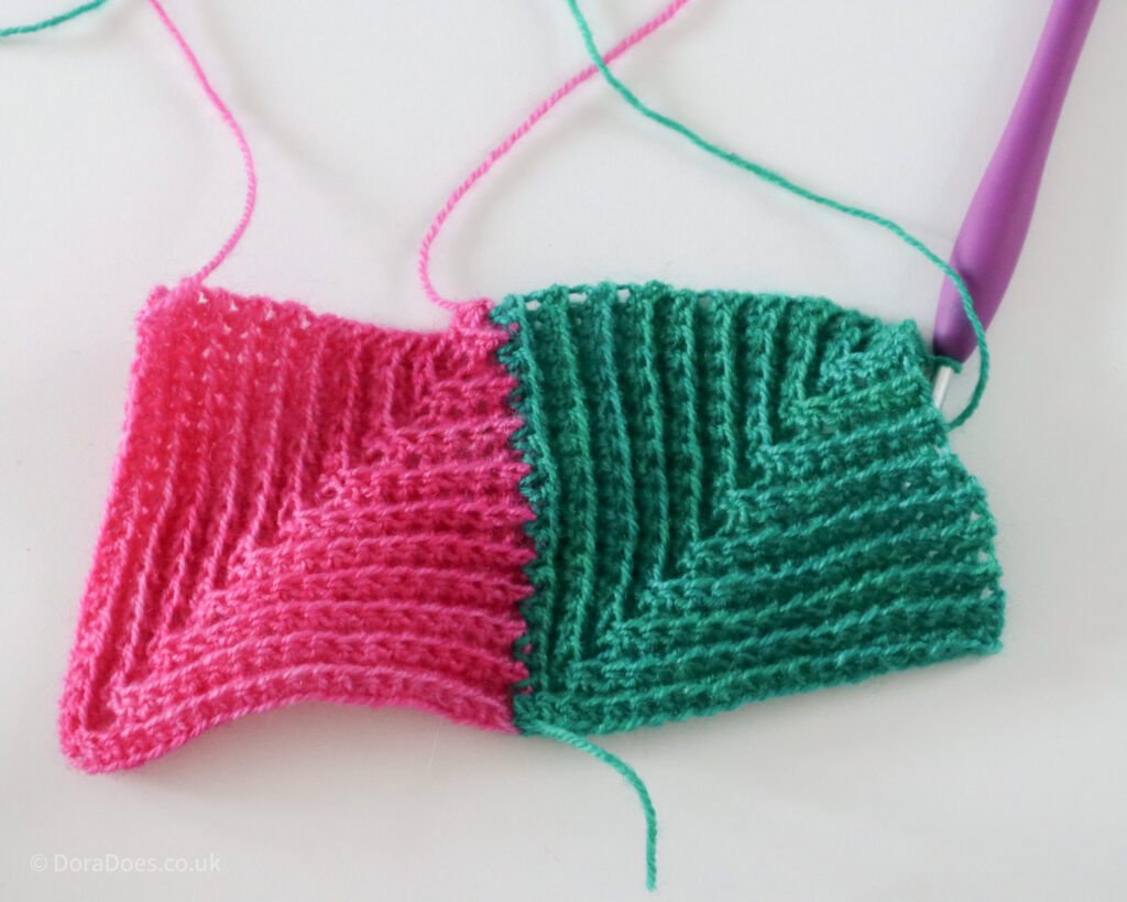 Two crochet mitred squares, unblocked, the second green square having been joined as yo go.
