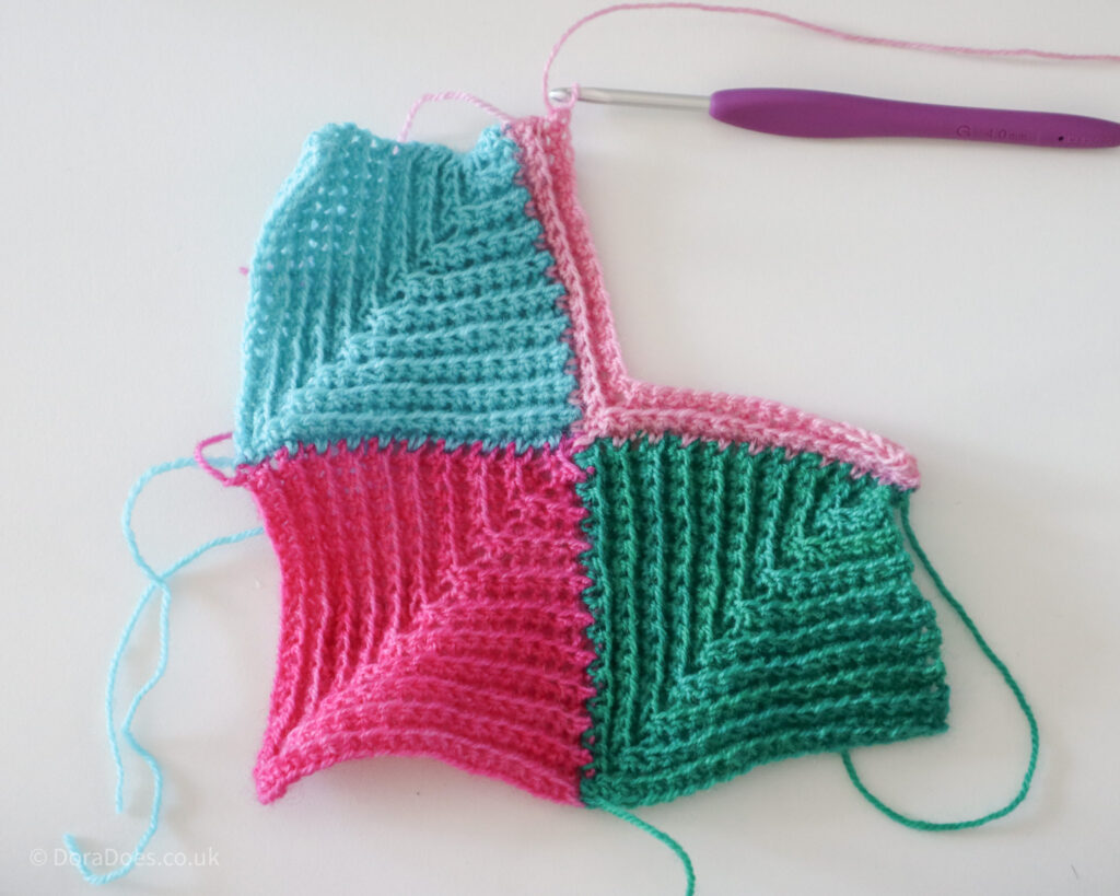 A joining tutorial for crochet mitred square. The step by step image shows 3 rows of the fourth square.
