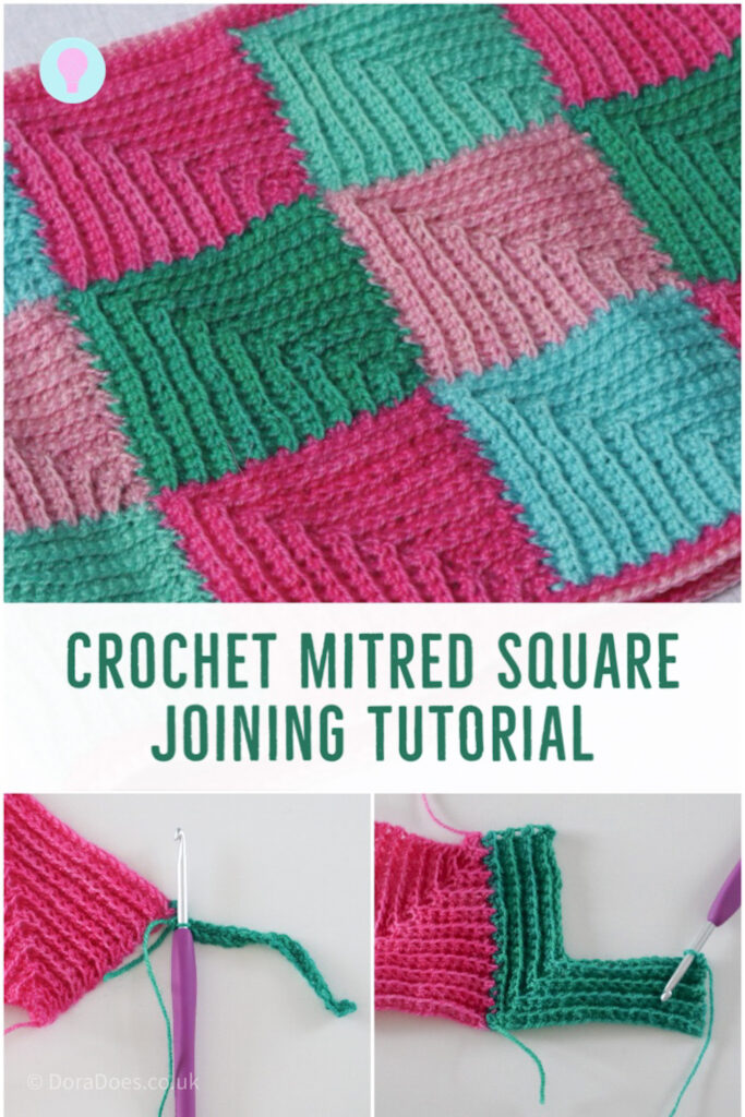 A collage image with three pictures of mitred crochet squares in different stages of joining. A text overlay reads; crochet mitred square joining tutorial.