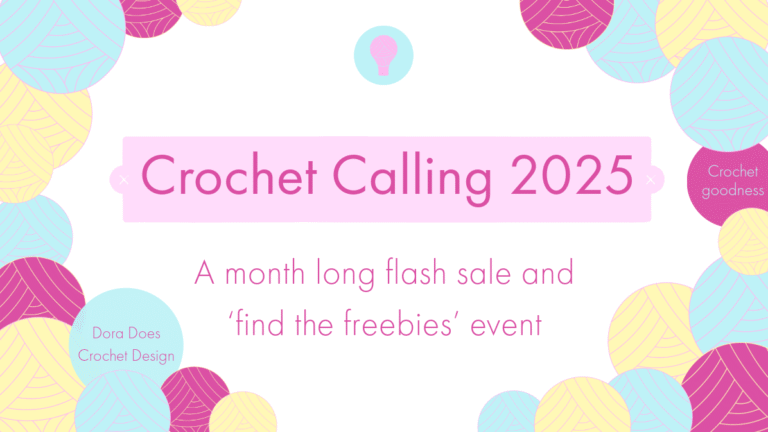 Crochet calling landscape header reads; Crochet calling 2025. A month long flash sale and freebie event.