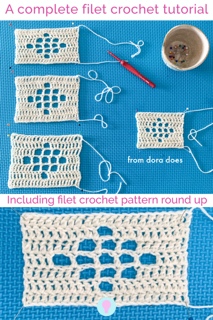 Two images showing white swatches of fillet crochet pinned to a blue blocking board. A text overlay reads a complete filet crochet tutorial. Including filet crochet pattern round up.