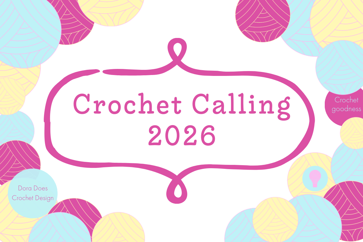 A landscape 4x3 colourful graphic with pink, yellow and blue yarn balls and text that reads 'crochet calling 2026.'
