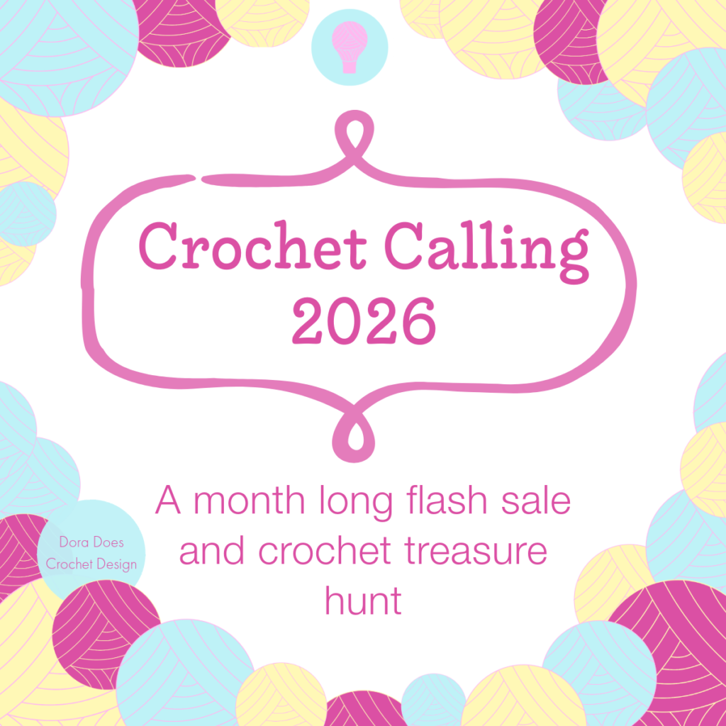 A square colourful graphic with pink, yellow and blue yarn balls and text that reads 'crochet calling 2026. A month long flash sale and crochet treasure hunt.'
