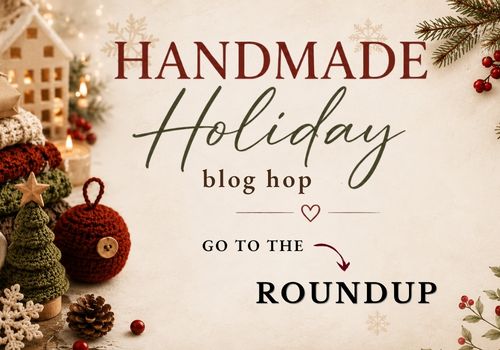 A Handmade holiday crochet blog hop graphic with a direction to the round up page.