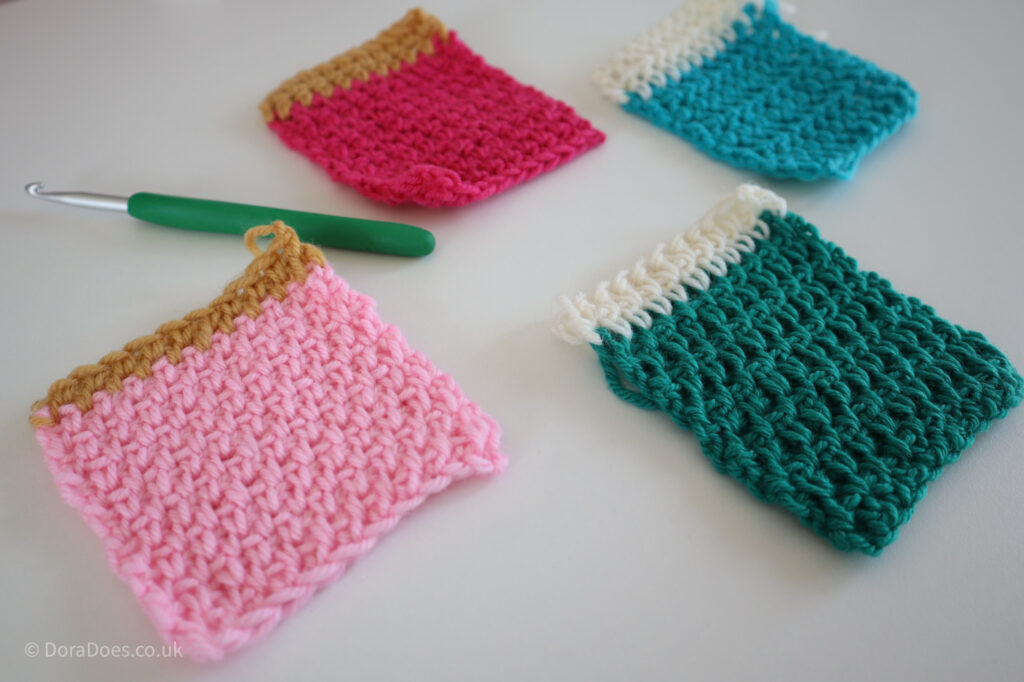 Four crochet swatches in baby pink, bright pink and mustard, turquoise, green and cream. The textured swatches are made from crochet stitches worked between the posts.