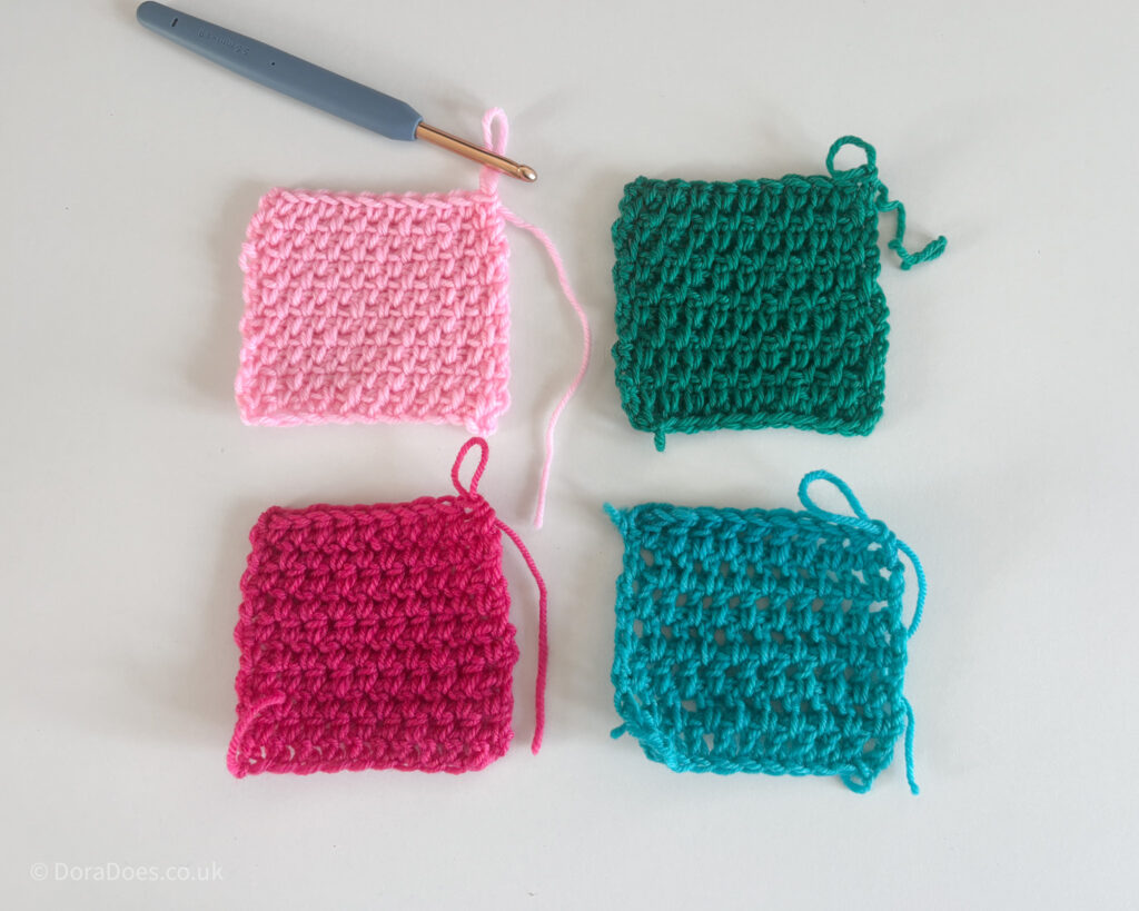 Four crochet swatches of crochet stitches made between the posts of single crochet, extended single crochet, half double crochet and double crochet in pink, green, stacked and turquoise yarn respectively.